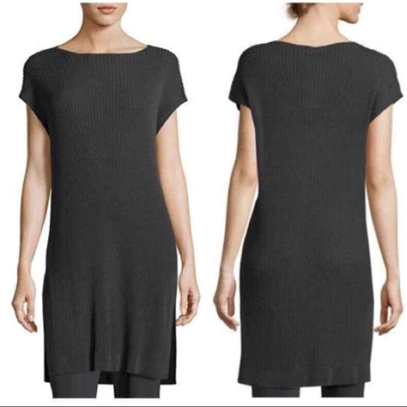 EILEEN FISHER Sweater Dress Ribbed Tunic Boat Neck Pullover Dark Gray Size XS - Picture 1 of 10